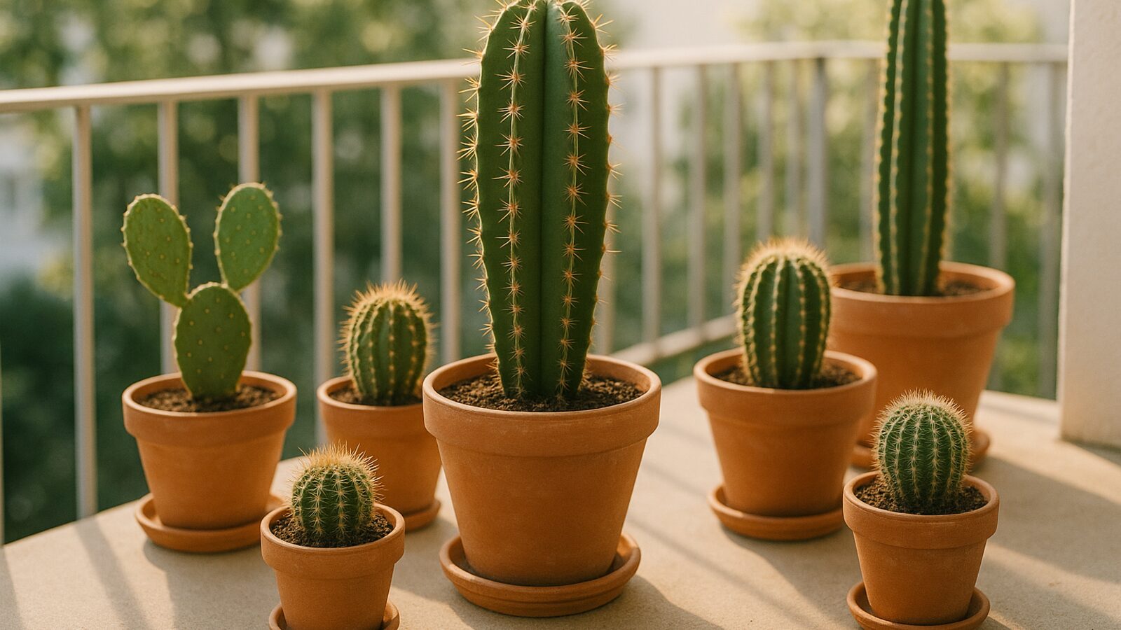 Cactos en macetas con luz natural