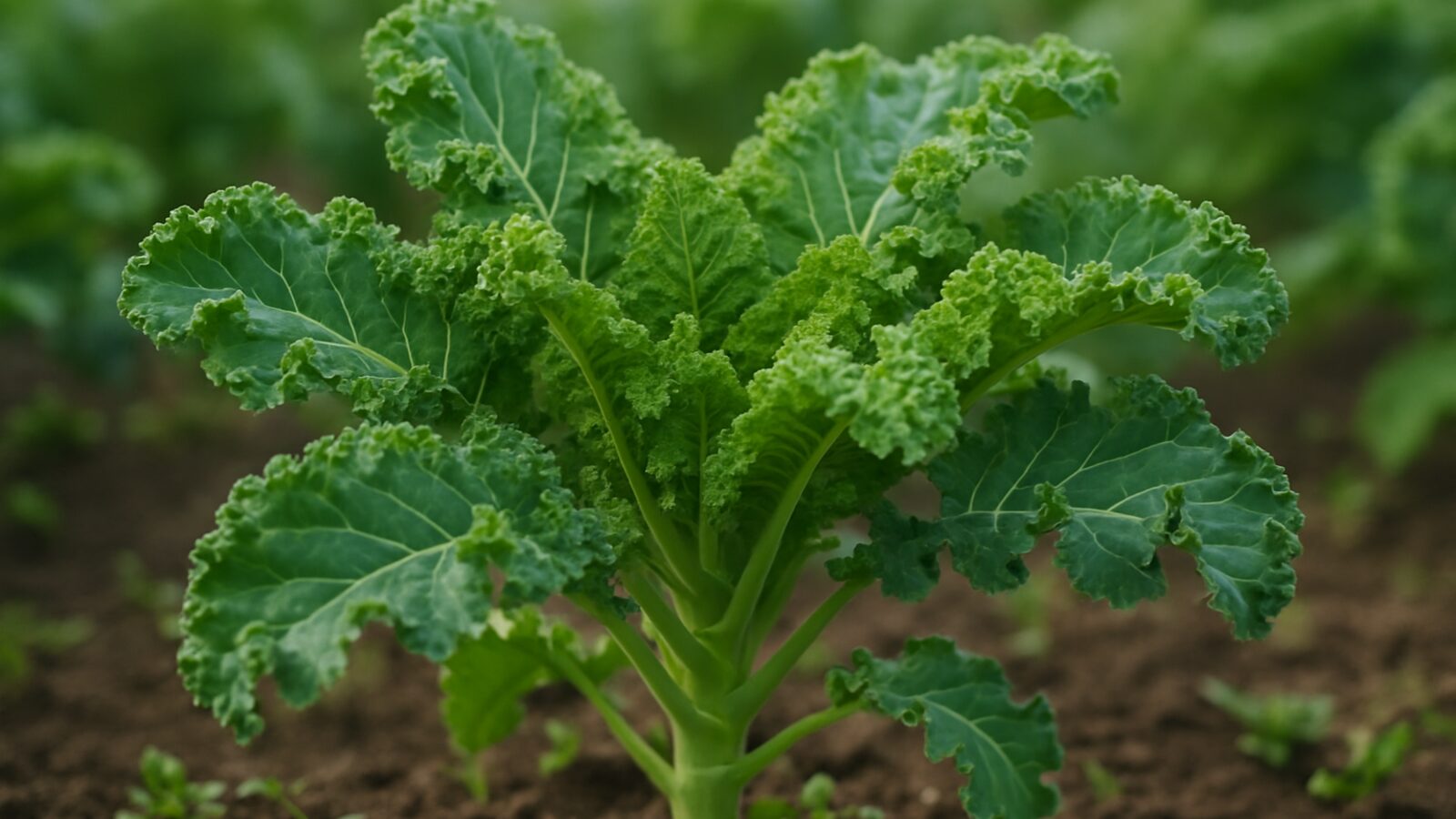 Couve (col rizada) creciendo con hojas verdes