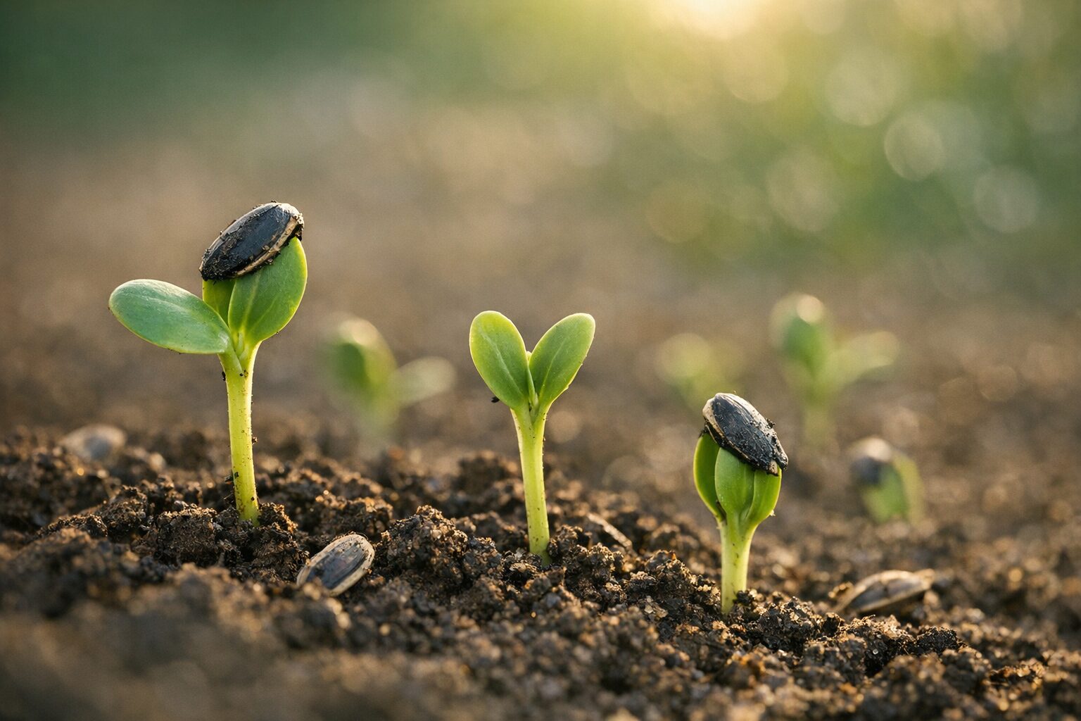 Plántulas de girasol emergiendo del suelo