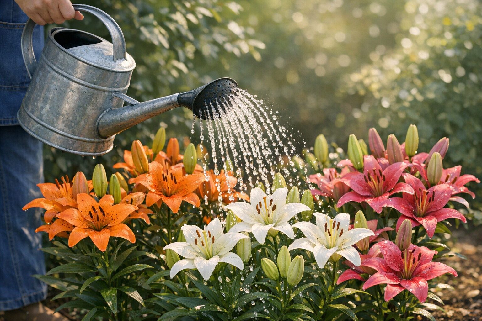Riego de lirios en jardín