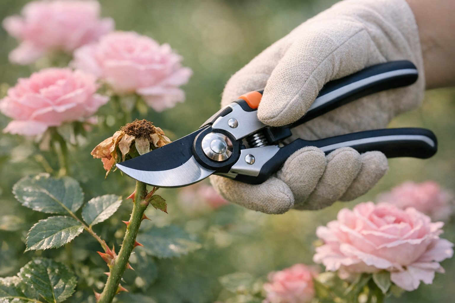 Poda de rosal con tijeras limpias