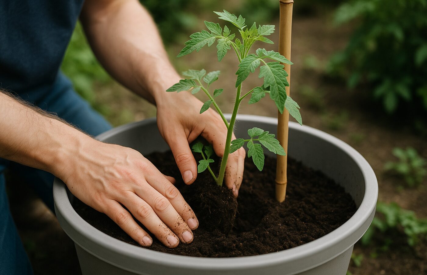 Trasplante de tomate a maceta con tutor