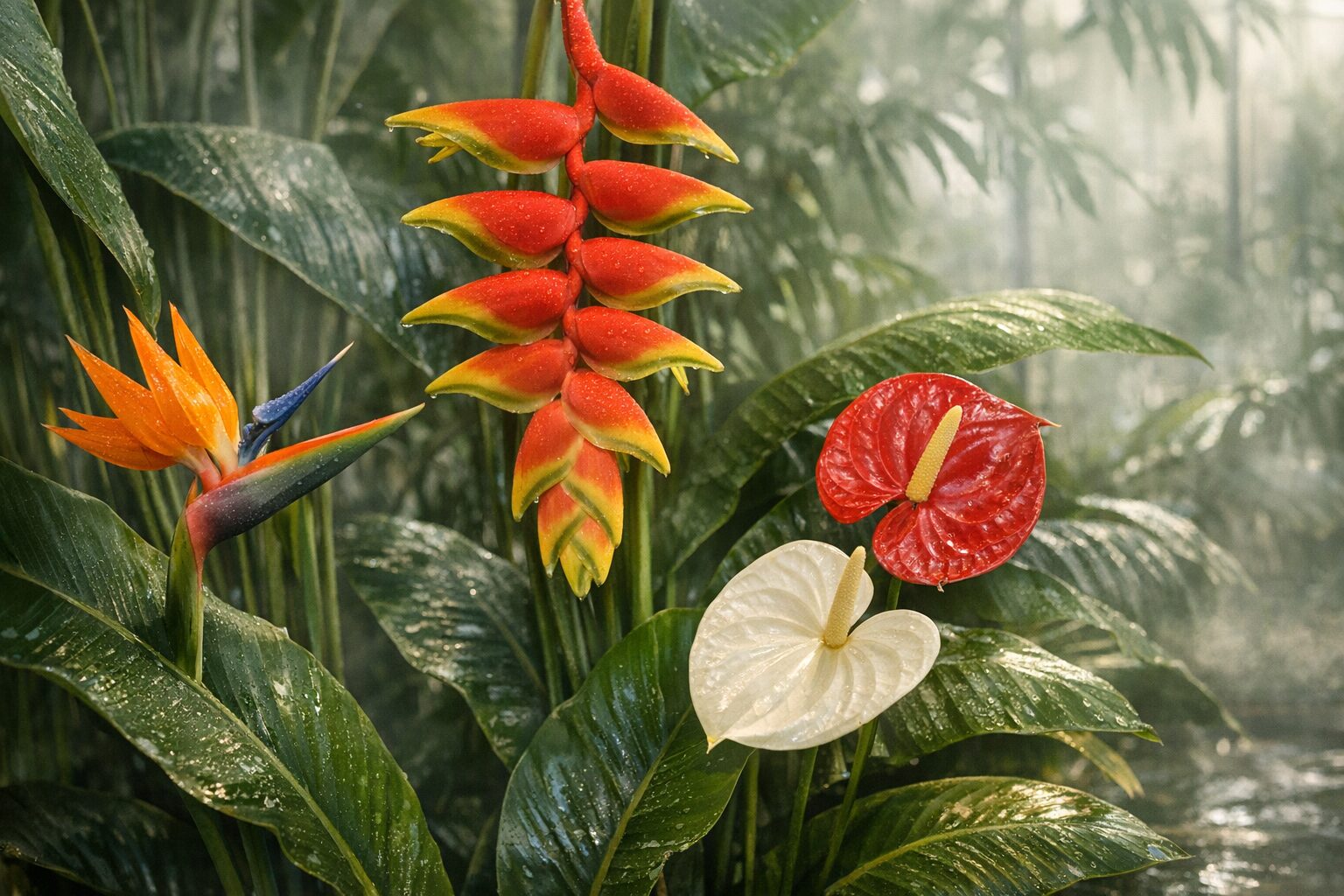 Flores tropicales y follajes