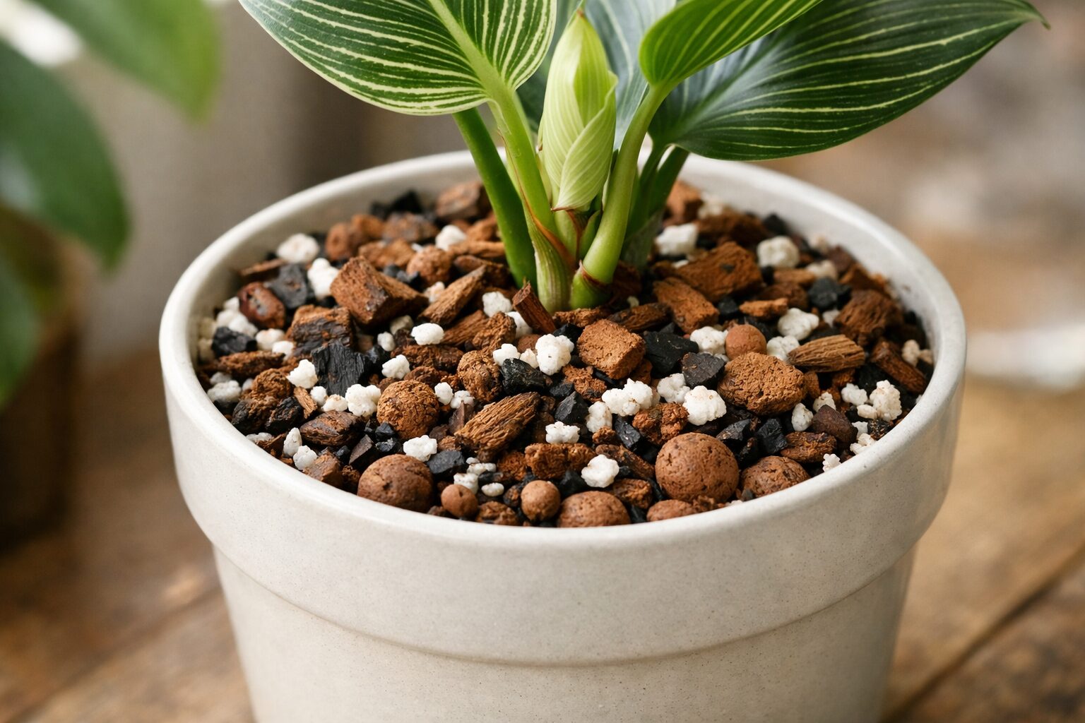 Maceta tropical con sustrato aireado y drenaje
