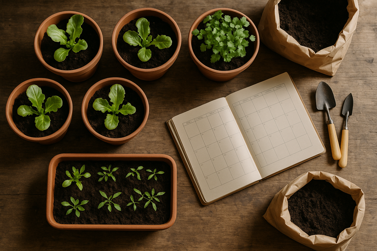 Mesa editorial con plantas jóvenes, semillas y cuaderno de cultivo