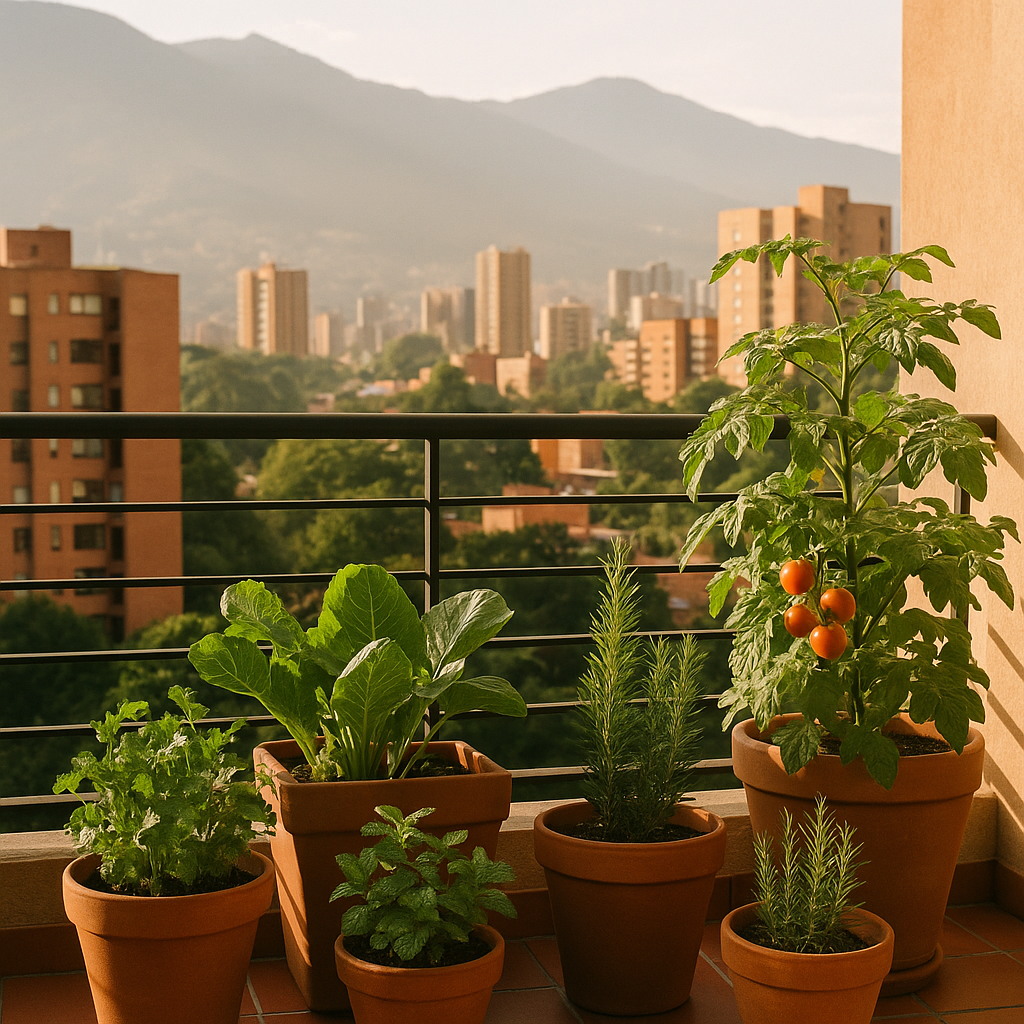 Huerta urbana en balcón con hierbas y vegetales, vista de ciudad andina al fondo