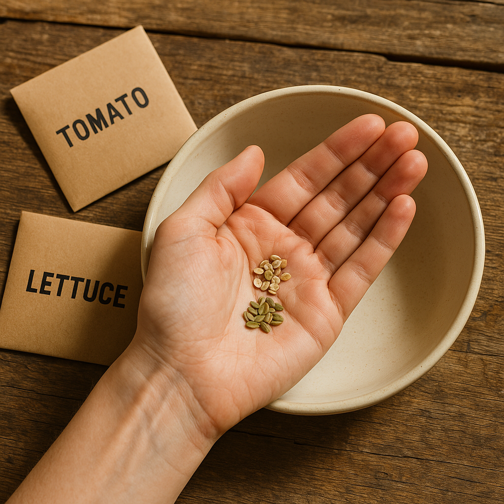 Semillas de temporada en sobres artesanales sobre una mesa de madera